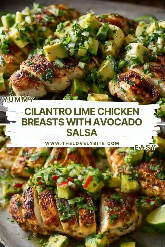 Healthy cilantro lime chicken recipe featuring tender marinated chicken breasts and homemade avocado salsa. Fresh lime wedges add bright citrus flavor.