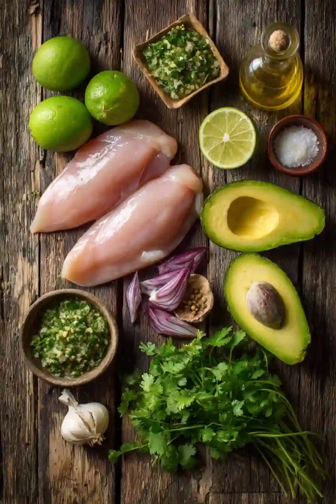 Juicy cilantro lime chicken breasts served with fresh avocado salsa on a white plate. The chicken is grilled to perfection and topped with creamy avocado and cilantro.