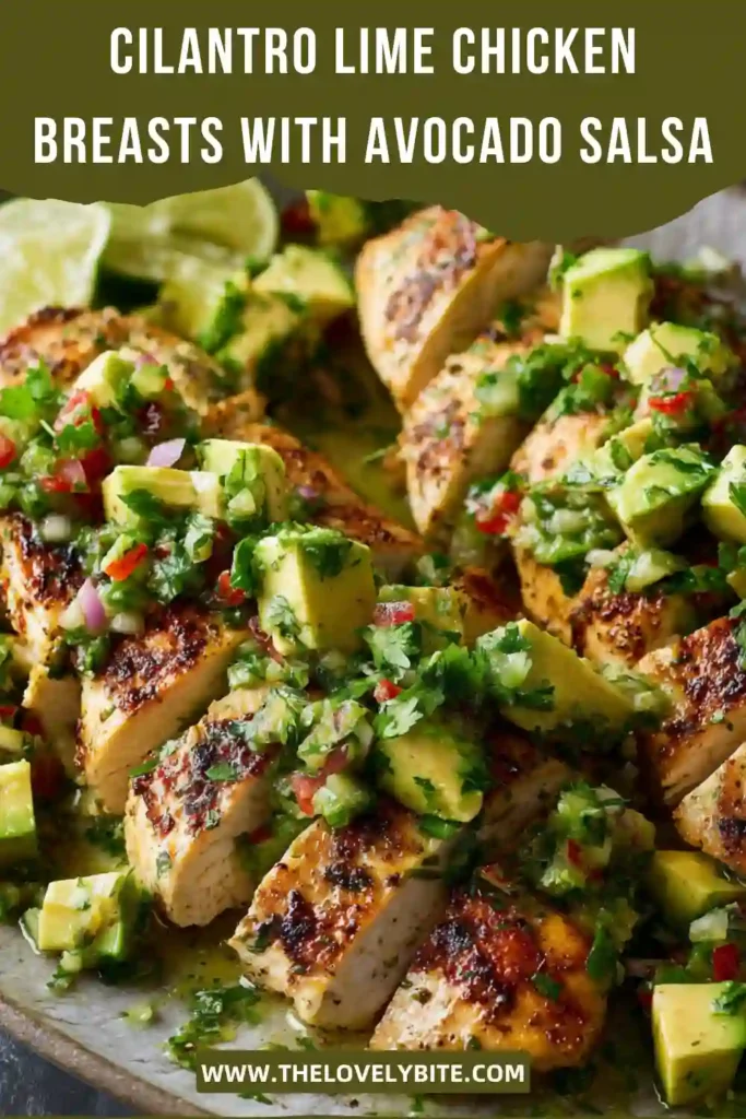 Grilled cilantro lime chicken breasts topped with avocado salsa and fresh herbs. A colorful and protein-rich dinner perfect for weeknight meals.