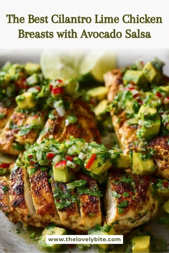 Flavorful lime-marinated chicken breast served with creamy avocado salsa and chopped cilantro. A healthy gluten-free chicken dinner option.
