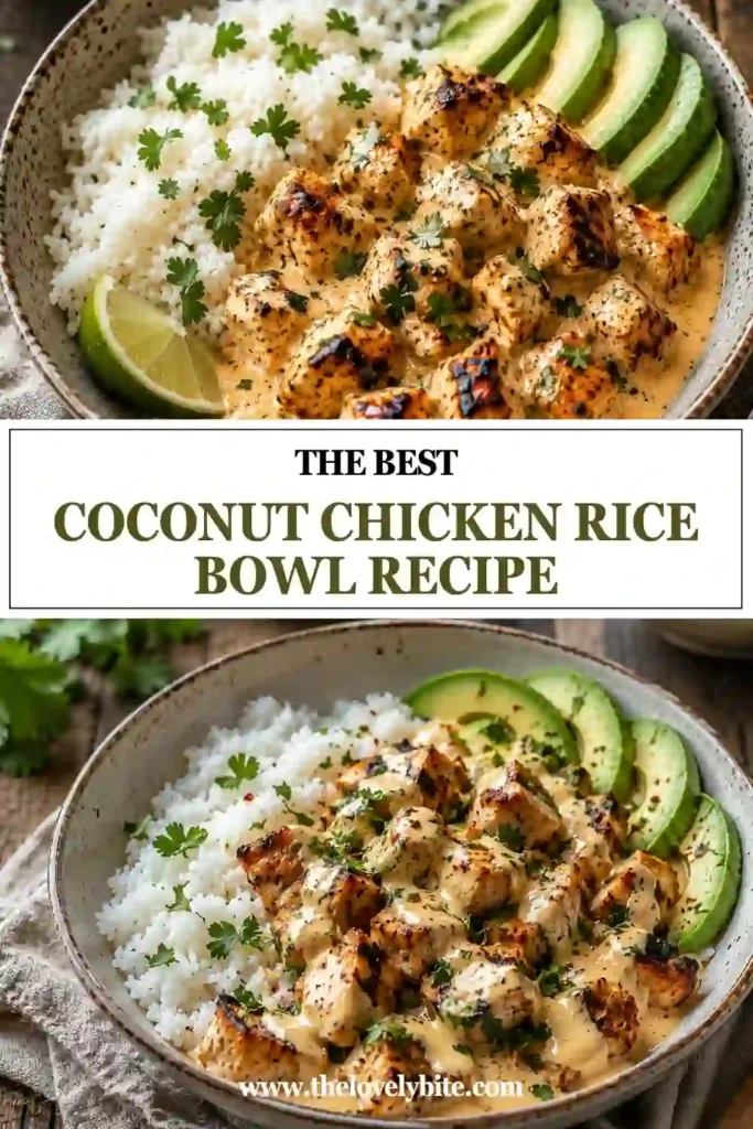 A bowl of Coconut Chicken Rice Bowl topped with tender chicken in creamy coconut sauce over fluffy jasmine rice. Fresh cilantro adds vibrant color and tropical flavor.