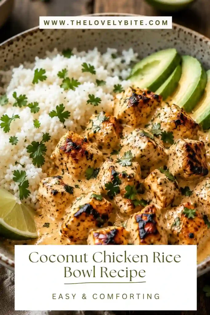 This Coconut Chicken Rice Bowl features juicy chicken simmered in coconut milk with garlic and ginger. Served over rice, it creates a comforting and flavorful dinner.