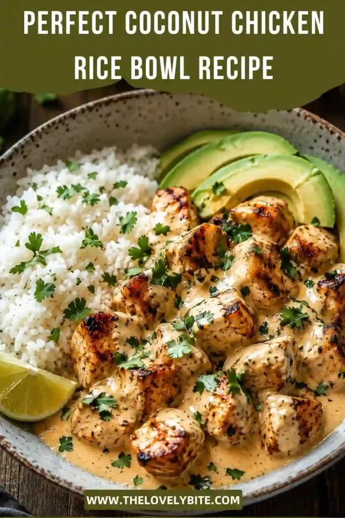 A healthy Coconut Chicken Rice Bowl made with chicken breast, coconut milk, and fluffy rice. Garnished with cilantro and lime for extra freshness.