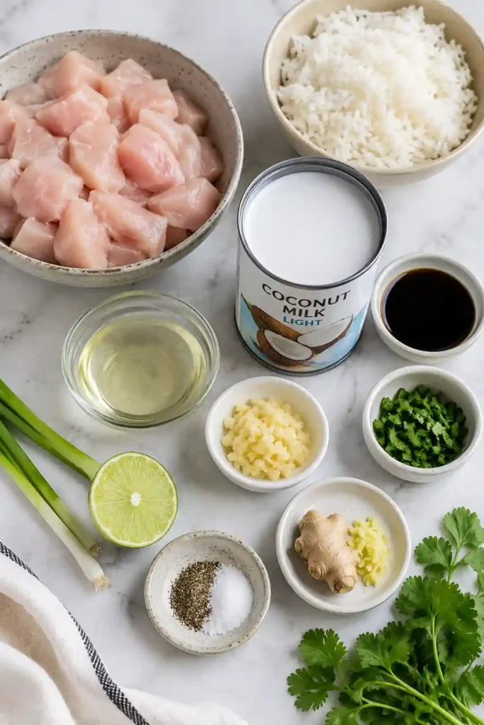 Close-up of a Coconut Chicken Rice Bowl featuring creamy coconut chicken over steamed jasmine rice. Fresh green herbs complete the colorful presentation.