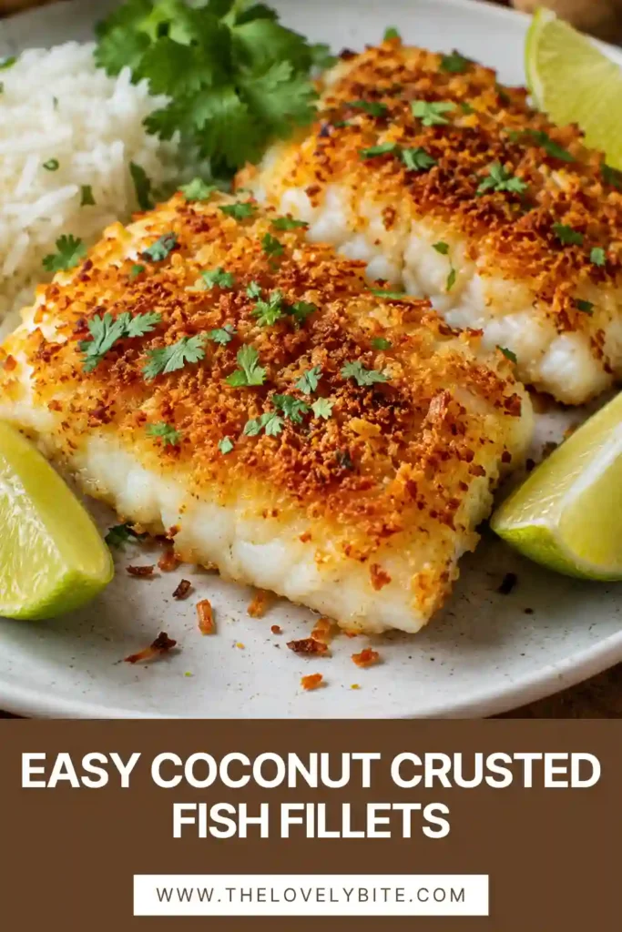 Freshly fried Coconut Crusted Fish Fillets on a serving platter with tropical garnishes. A delicious homemade seafood recipe perfect for weeknight meals.