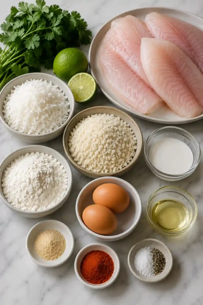 Golden Coconut Crusted Fish Fillets served with fresh lime wedges and chopped cilantro. The crispy coconut coating adds tropical flavor and irresistible crunch.
