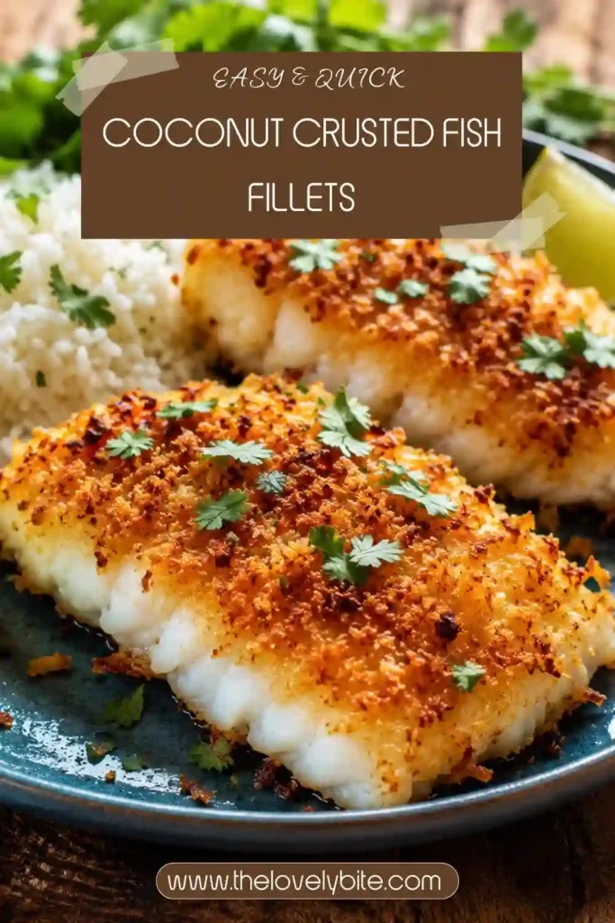 Crispy Coconut Crusted Fish Fillets with flaky white fish inside and a golden coconut coating. Served hot with fresh lime and cilantro.