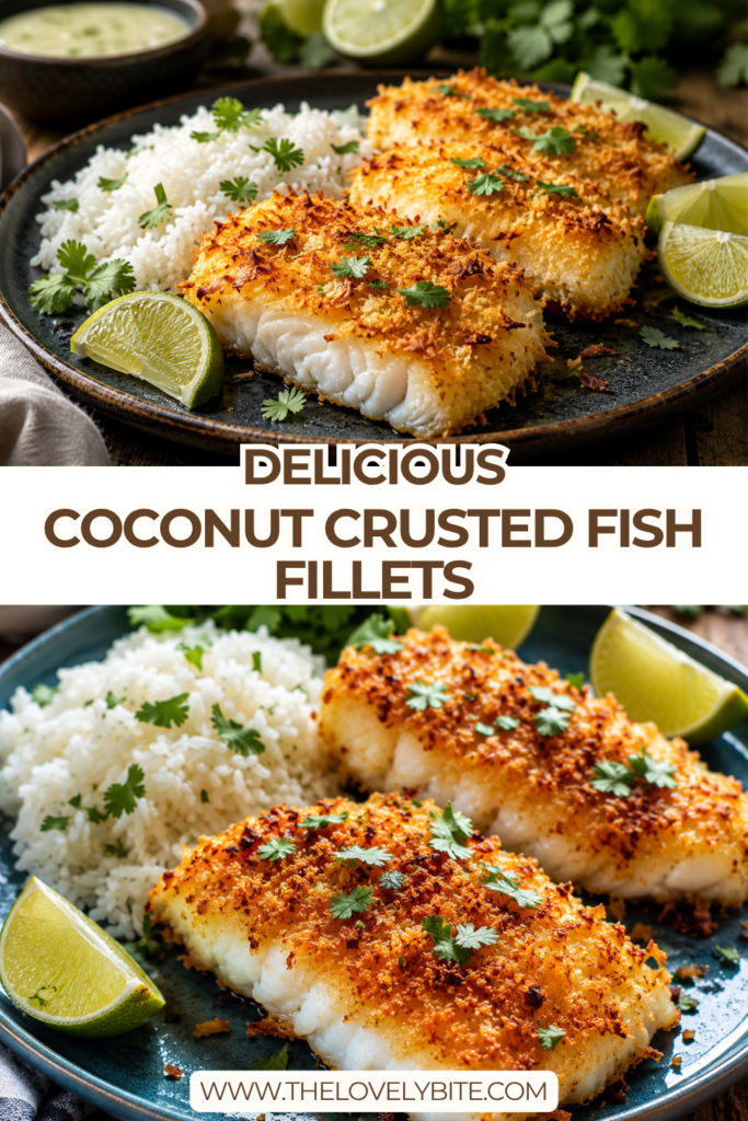 Close-up of crispy Coconut Crusted Fish Fillets with a crunchy panko and coconut crust. Fresh herbs and lime complete this easy seafood dinner.