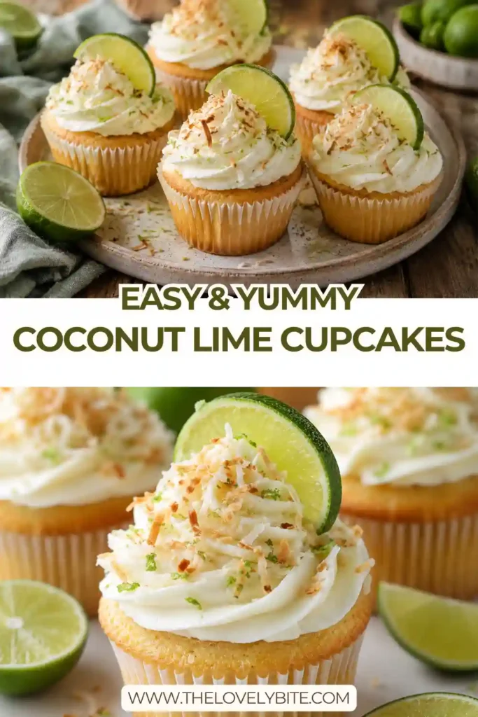 Fresh Coconut Lime Cupcakes topped with cream cheese frosting, toasted coconut flakes, and fresh lime zest. These tropical cupcakes are soft, fluffy, and perfect for summer desserts.