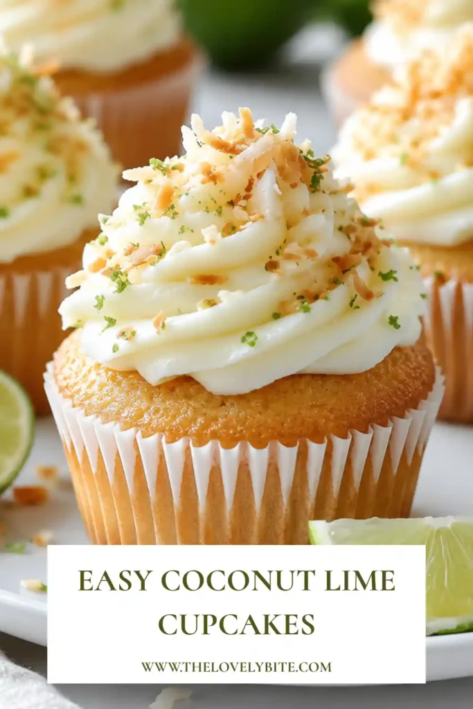 Moist Coconut Lime Cupcakes baked from scratch and decorated with toasted coconut and lime wedges. A refreshing tropical dessert for any celebration.