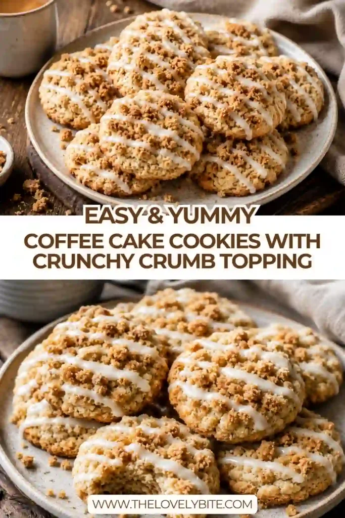 Freshly baked coffee cake cookies topped with cinnamon crumb streusel and drizzled with sweet glaze. These soft bakery-style cookies feature a golden finish and delicious homemade texture.