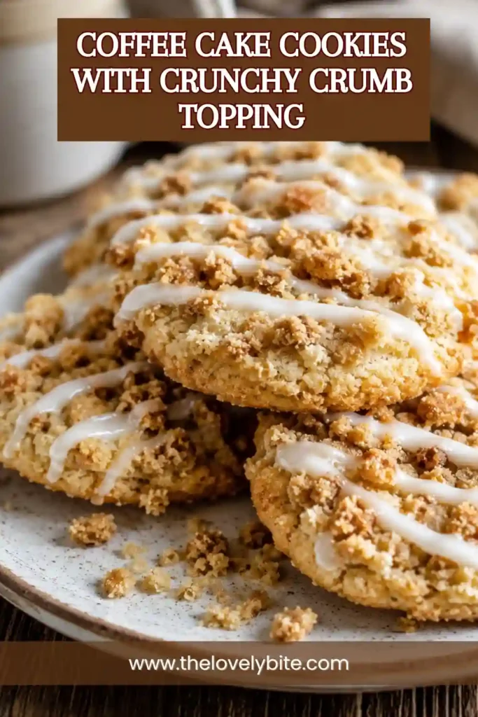 Homemade coffee cake cookies arranged on a cooling rack with cinnamon glaze and crunchy crumb topping. Soft centers and sweet flavors make these cookies a crowd favorite.