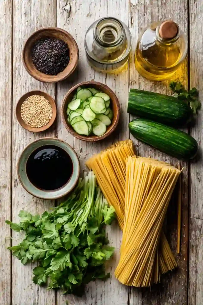 Cold Sesame Noodles prepared with linguine, fresh cucumber, cilantro, and sesame dressing. A simple vegetarian noodle recipe perfect for warm days.