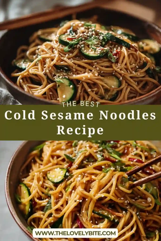Homemade Cold Sesame Noodles garnished with sesame seeds and scallions in a serving bowl. This Asian-inspired noodle recipe is light, refreshing, and packed with savory flavor.
