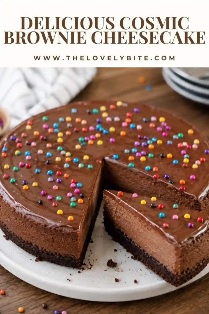 A slice of Cosmic Brownie Cheesecake with a fudgy brownie crust, creamy chocolate filling, glossy ganache, and colorful candy-coated chocolate pieces.