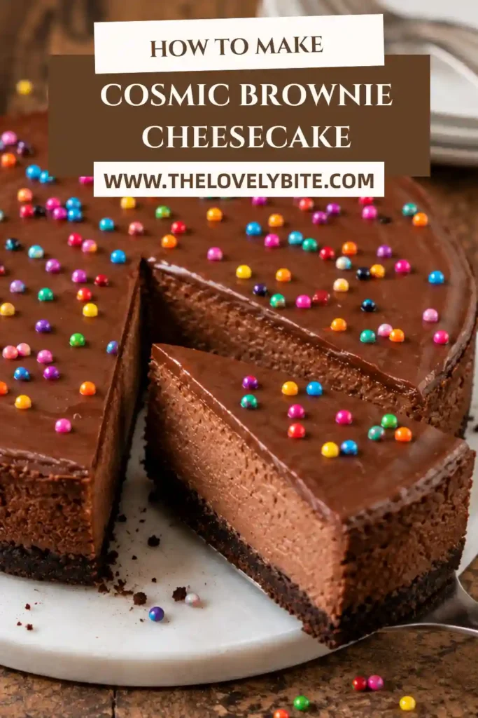 Homemade Cosmic Brownie Cheesecake topped with silky chocolate ganache and candy-coated chocolates on a dessert plate.
