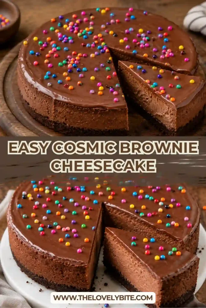 Rich chocolate cheesecake layered over a brownie crust with smooth ganache and crunchy candy topping.