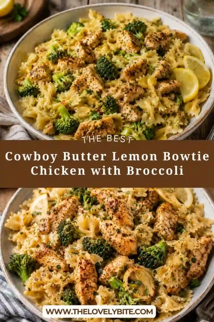 A bowl of Cowboy Butter Lemon Bowtie Chicken with Broccoli featuring golden chicken pieces, tender farfalle pasta, and fresh broccoli. The dish is coated in a glossy garlic lemon butter sauce and garnished with parsley.