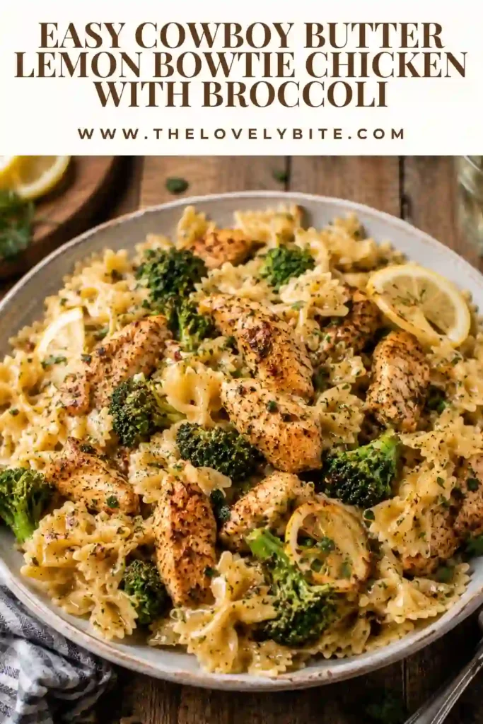 Close-up view of lemon chicken bowtie pasta with broccoli tossed in cowboy butter sauce. Fresh herbs and lemon create a colorful and flavorful presentation.