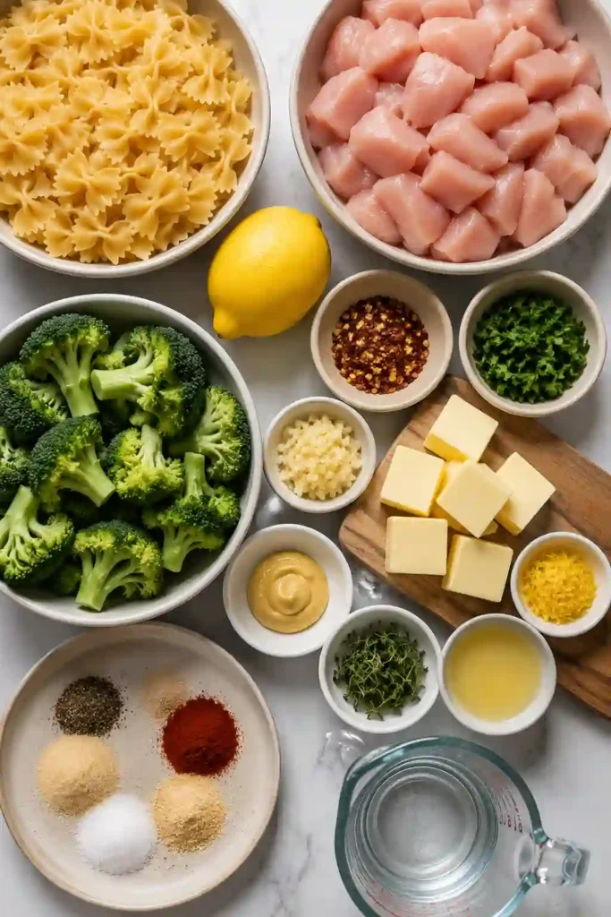 Easy chicken and broccoli pasta recipe made with bowtie pasta, juicy chicken, lemon zest, and buttery garlic sauce. A perfect family-friendly dinner option.
