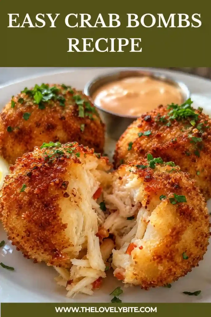 A platter of homemade crab bombs with fresh lemon wedges and dipping sauce. This seafood appetizer showcases premium crab meat and a perfectly baked exterior.