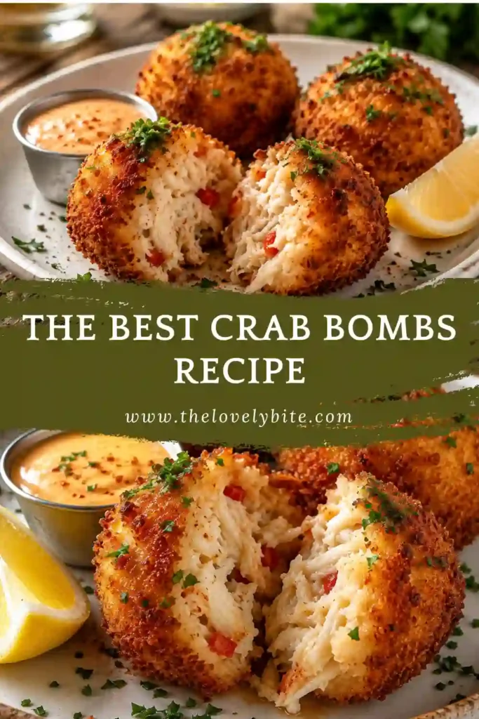Close-up view of baked crab bombs made from fresh crab meat and herbs. These seafood appetizers are lightly browned and served warm from the oven.