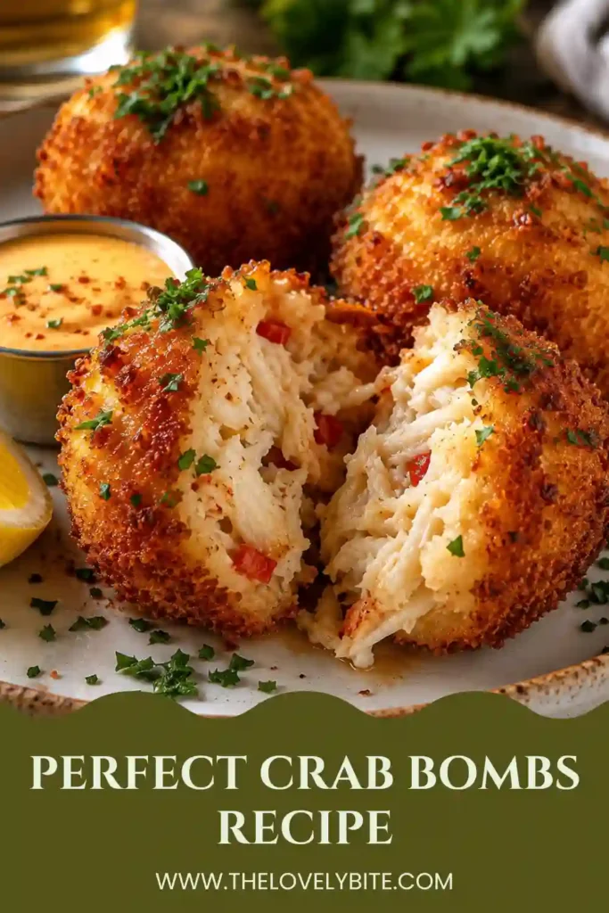Homemade crab bombs arranged on a serving plate with lemon slices and seafood sauce. The golden-brown seafood bites are rich, flavorful, and visually appealing.