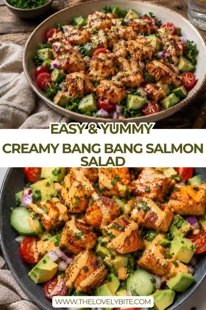 A bowl of Creamy Bang Bang Salmon Salad topped with pan-seared salmon, avocado, cucumber, and cherry tomatoes. The salad is finished with a creamy spicy bang bang sauce.