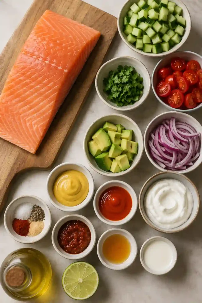Freshly prepared Creamy Bang Bang Salmon Salad in a serving bowl with vibrant vegetables and homemade bang bang sauce. Ideal for healthy meal preparation.