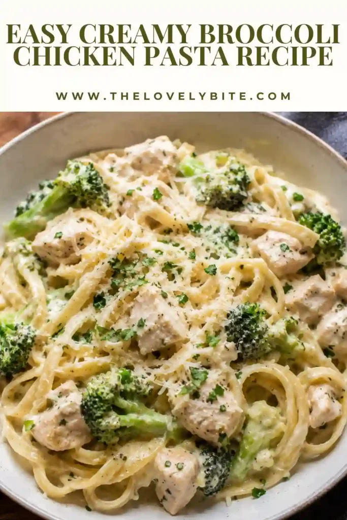 A bowl of Creamy Broccoli Chicken Pasta topped with freshly grated Parmesan cheese. Tender chicken and vibrant broccoli are coated in a rich, silky cream sauce.
