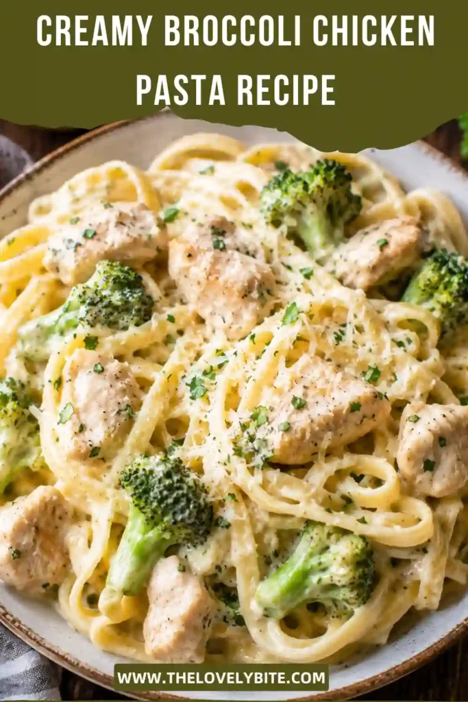 Freshly prepared chicken broccoli pasta served in a large bowl with a creamy garlic Parmesan sauce. Bright green broccoli adds color and texture to the hearty meal.