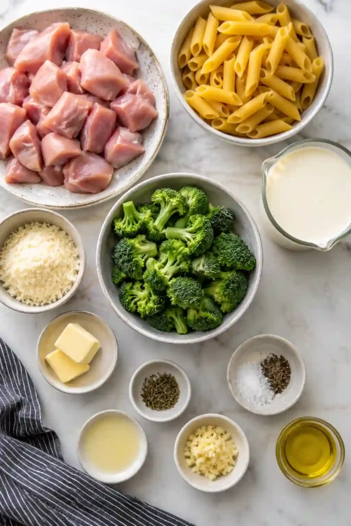 Close-up view of creamy chicken pasta with broccoli in a Parmesan cream sauce. The dish is garnished with freshly grated cheese and cracked black pepper.