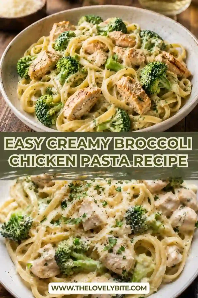 Creamy Broccoli Chicken Pasta served hot with extra Parmesan and herbs. The rich sauce coats every piece of pasta for a delicious homemade meal.
