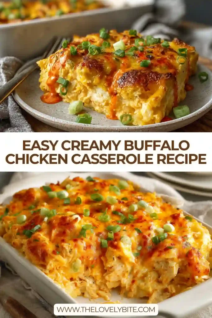 A baked Creamy Buffalo Chicken Casserole topped with melted cheddar cheese and green onions. This high-protein chicken casserole features buffalo sauce and cauliflower rice.