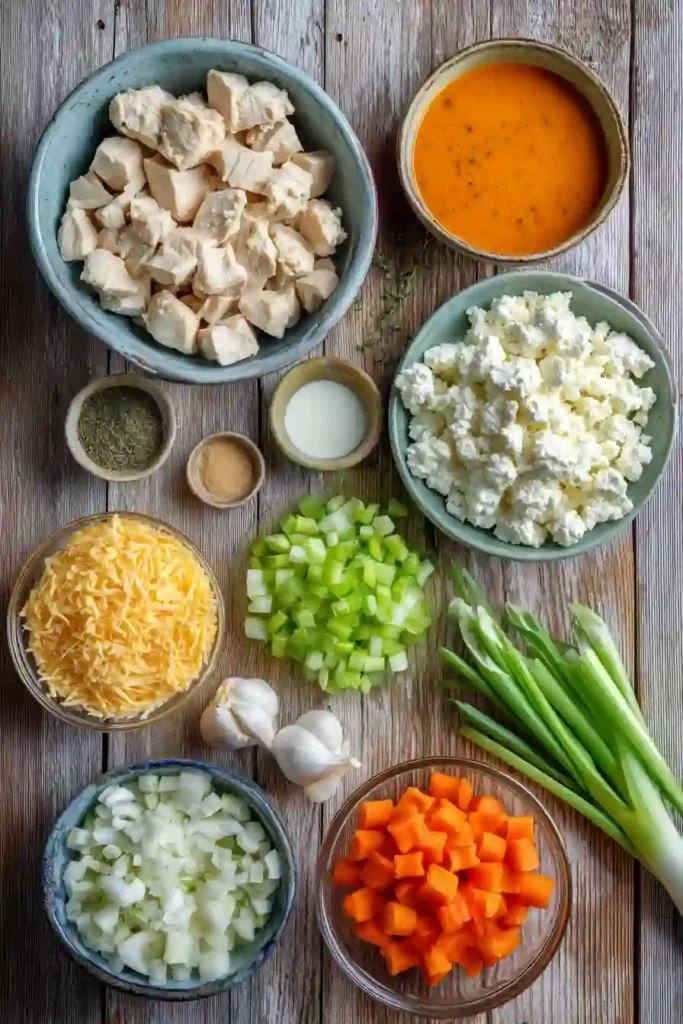 A scoop of buffalo chicken casserole showing melted cheese, chicken, vegetables, and creamy sauce. Perfect for an easy family dinner.