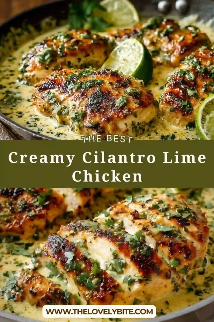 Golden-brown chicken breasts baked in a creamy cilantro lime sauce and garnished with fresh lime slices. A flavorful one-pan chicken dinner ready for serving.