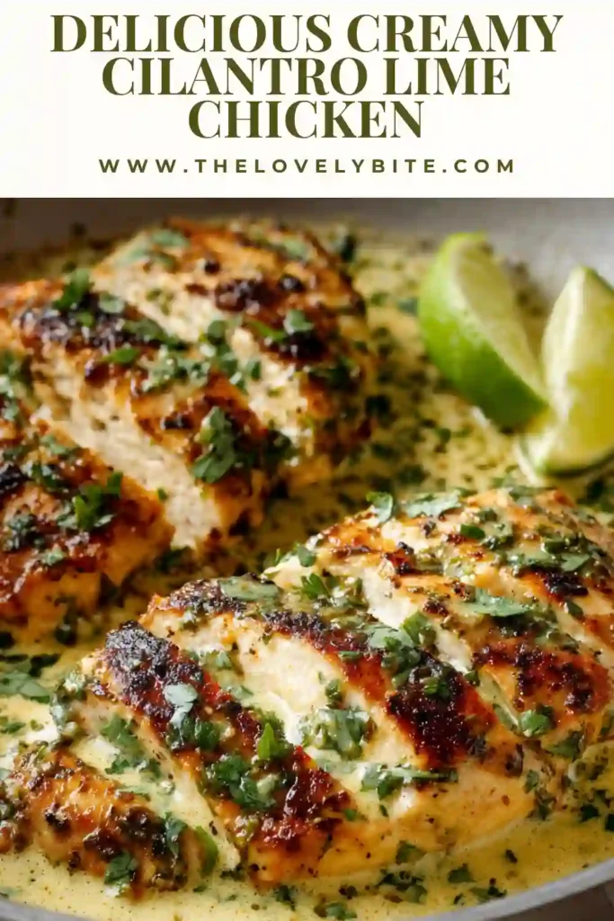 Close-up view of Creamy Cilantro Lime Chicken topped with fresh cilantro and served with extra sauce. The dish showcases a smooth creamy finish and vibrant green herbs.