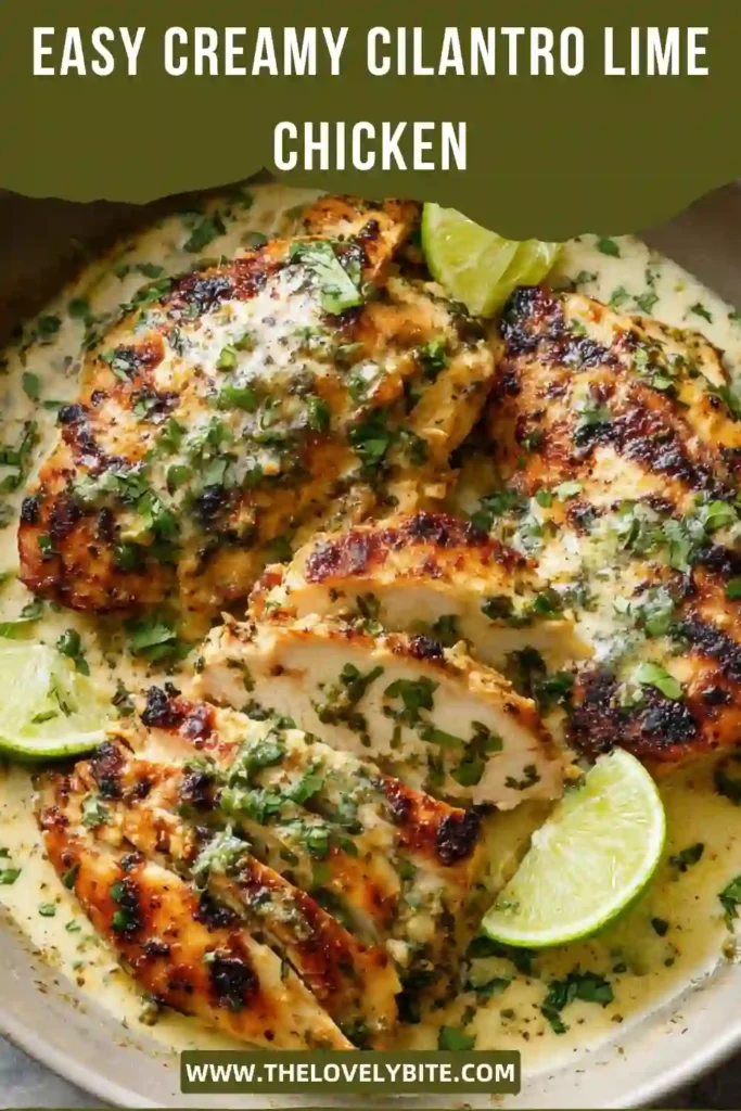 Homemade Creamy Cilantro Lime Chicken plated with rice and garnished with lime wedges. The creamy sauce glistens over perfectly cooked chicken.