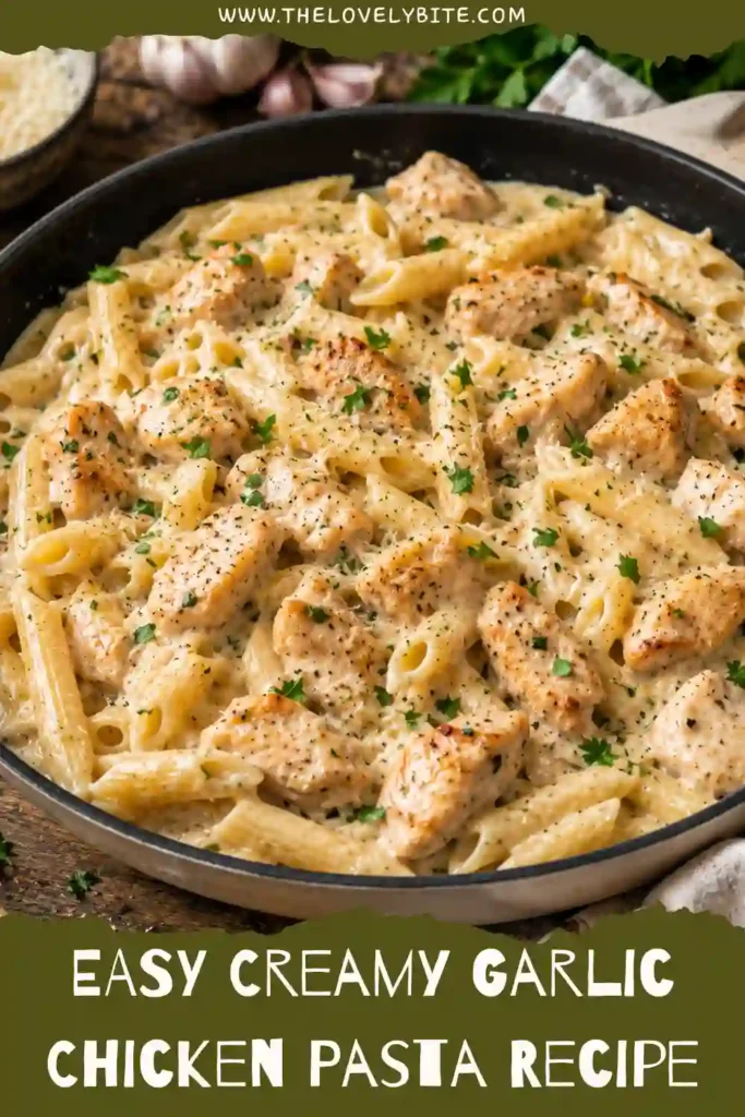 A bowl of Creamy Garlic Chicken Pasta topped with fresh parsley and grated Parmesan cheese. Tender chicken pieces are coated in a rich garlic cream sauce and served over perfectly cooked pasta.
