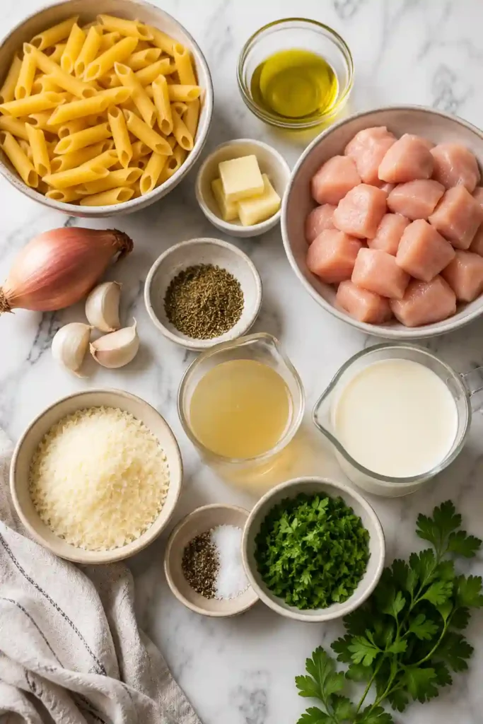 Freshly prepared Creamy Garlic Chicken Pasta garnished with parsley and Parmesan cheese. Tender chicken and pasta are coated in a creamy garlic-infused sauce.