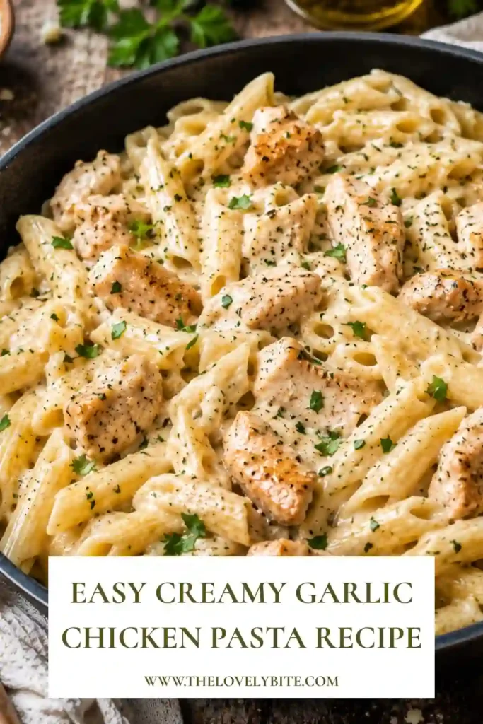 Creamy Garlic Chicken Pasta served in a rustic bowl with fresh herbs and Parmesan. The pasta is coated in a velvety garlic sauce with tender pieces of chicken.