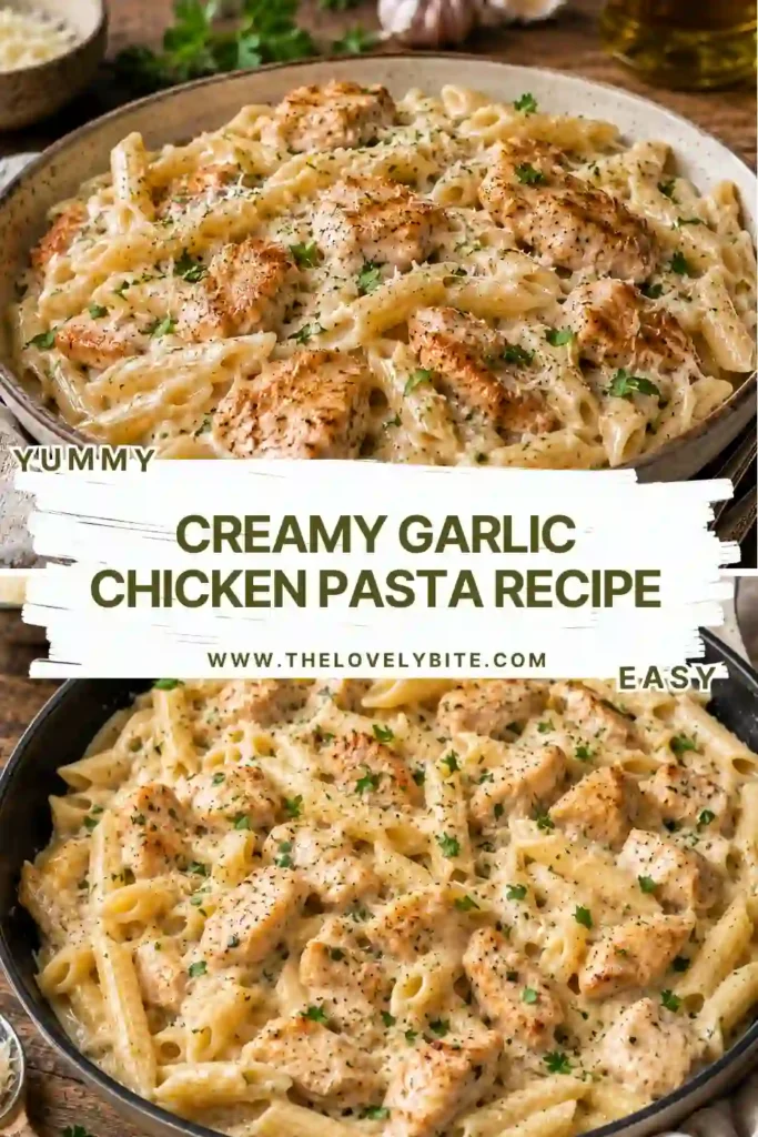 Close-up of homemade Creamy Garlic Chicken Pasta with juicy chicken and creamy Parmesan sauce. Fresh parsley adds color and freshness to this comforting dinner.