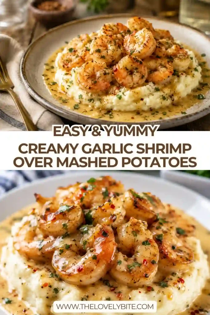 Tender shrimp coated in creamy garlic sauce over buttery mashed potatoes on a white dinner plate. A delicious homemade seafood comfort food recipe.