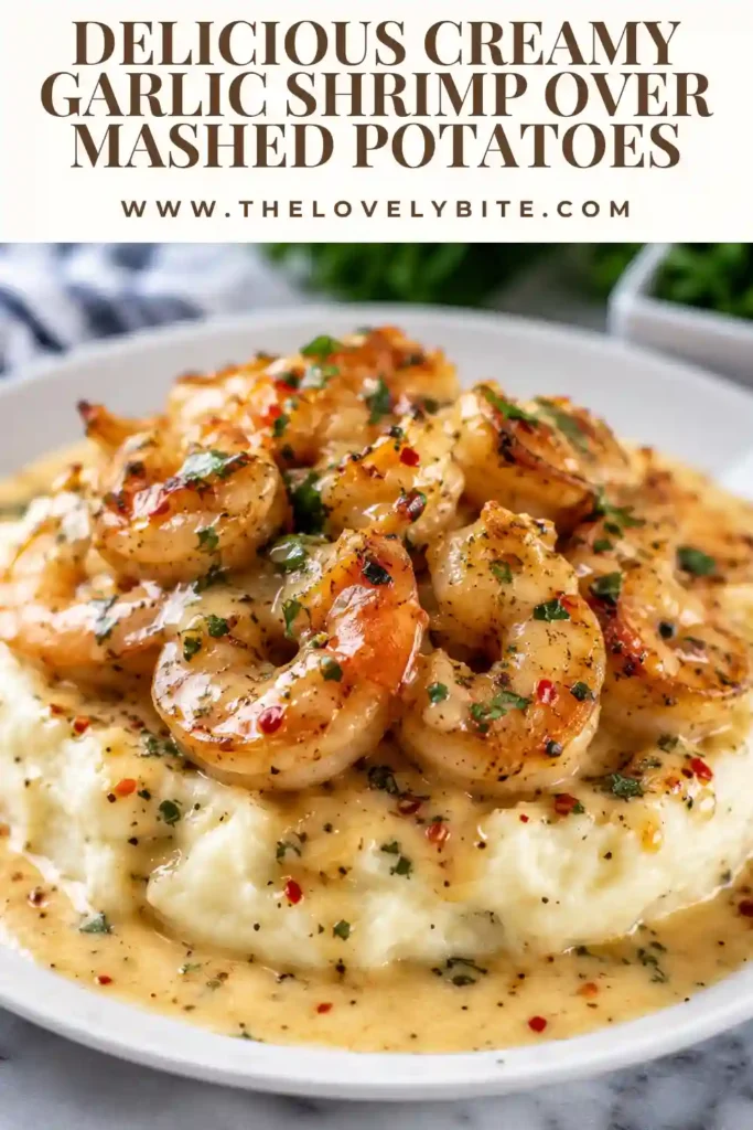 Close-up of creamy garlic butter shrimp served with smooth mashed potatoes and sprinkled with chopped parsley. A restaurant-style shrimp dinner made at home.