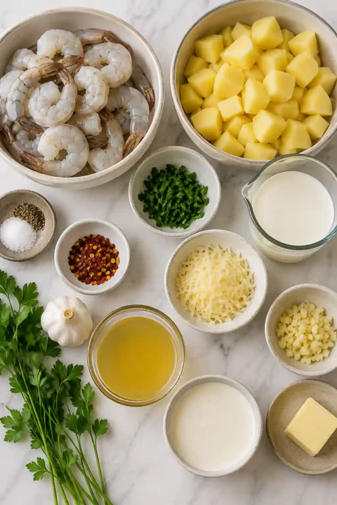 Creamy garlic shrimp served over fluffy Yukon Gold mashed potatoes with a rich Parmesan garlic sauce and fresh parsley garnish. This comforting seafood dinner is perfect for busy weeknights.