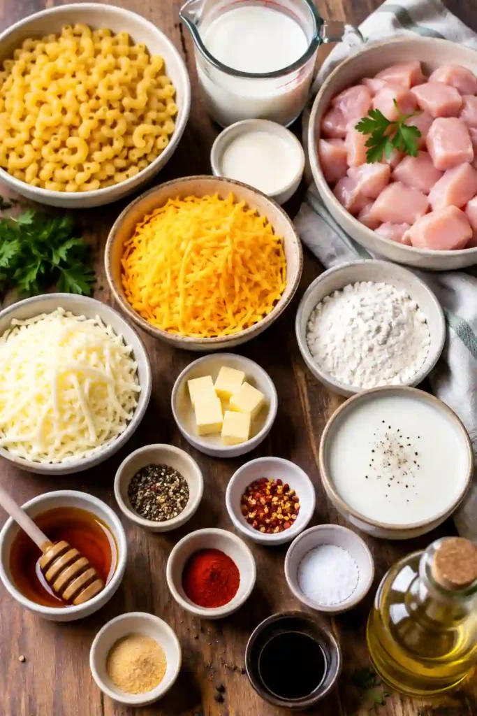 A bowl of Creamy Honey Pepper Chicken Mac and Cheese Delight topped with crispy honey-glazed chicken, creamy cheddar cheese sauce, and fresh parsley. The dish looks rich, comforting, and perfect for dinner.