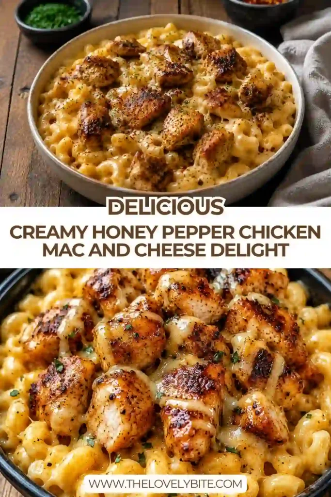 Golden fried chicken coated in honey pepper glaze served over creamy homemade mac and cheese with melted cheddar and mozzarella cheese.