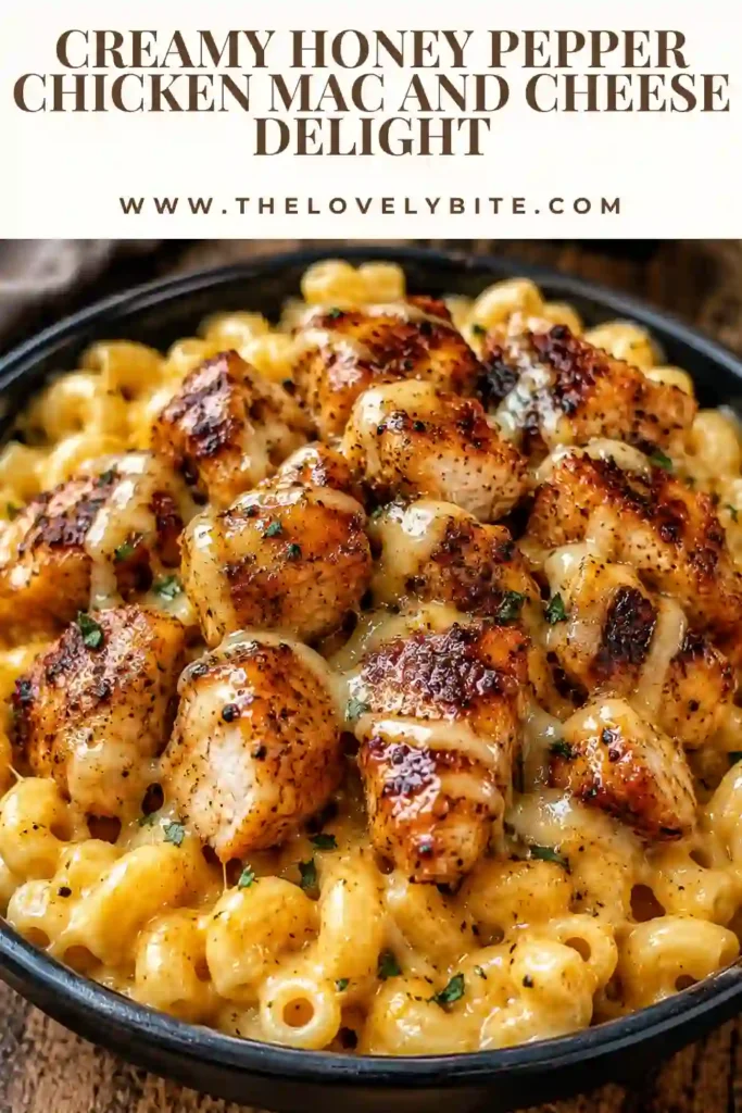 Restaurant-style Creamy Honey Pepper Chicken Mac and Cheese Delight featuring crispy chicken bites and rich, cheesy elbow macaroni.