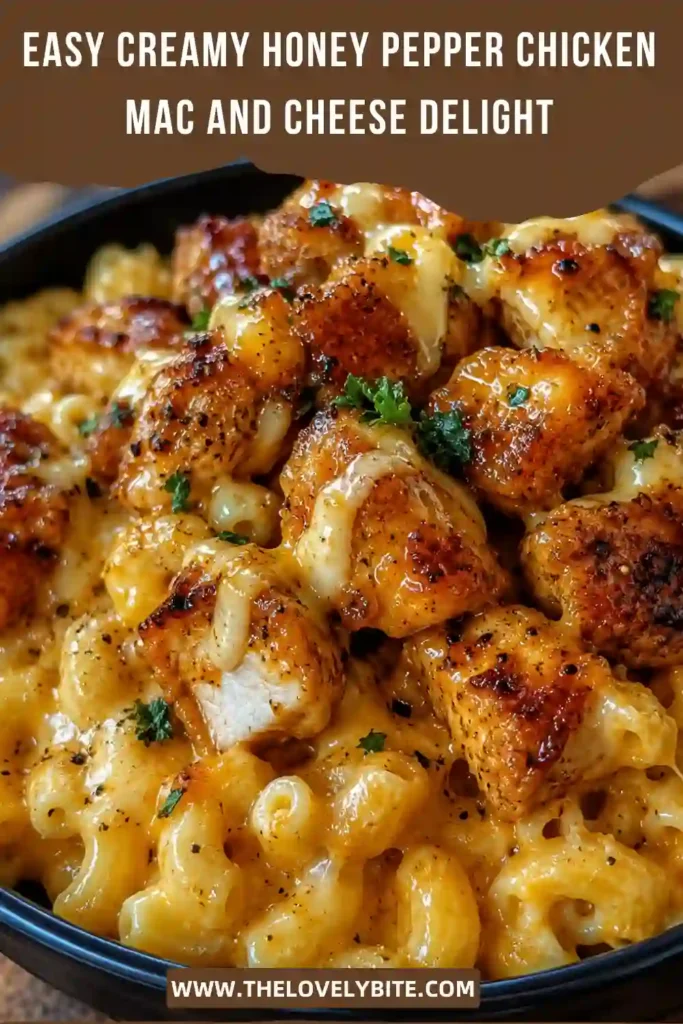Close-up of creamy mac and cheese topped with crispy honey pepper chicken garnished with parsley and cracked black pepper.