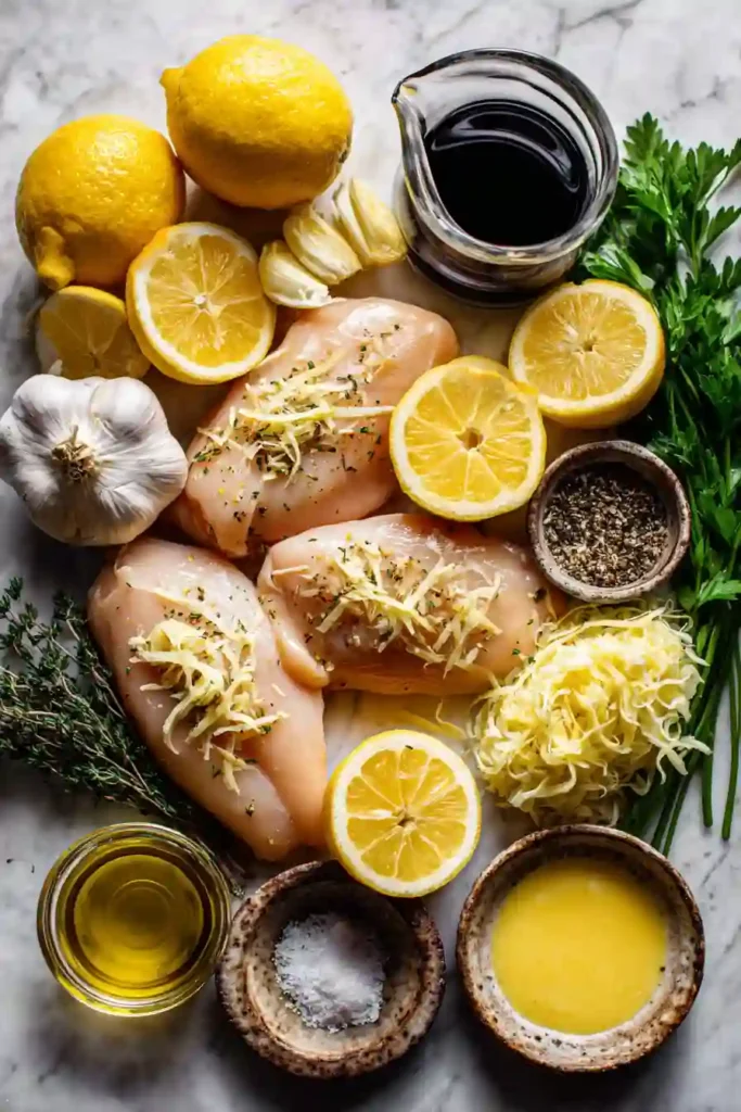 A skillet filled with creamy lemon chicken topped with fresh parsley and coated in a rich garlic lemon sauce. Tender chicken breasts are surrounded by a smooth and flavorful cream sauce.